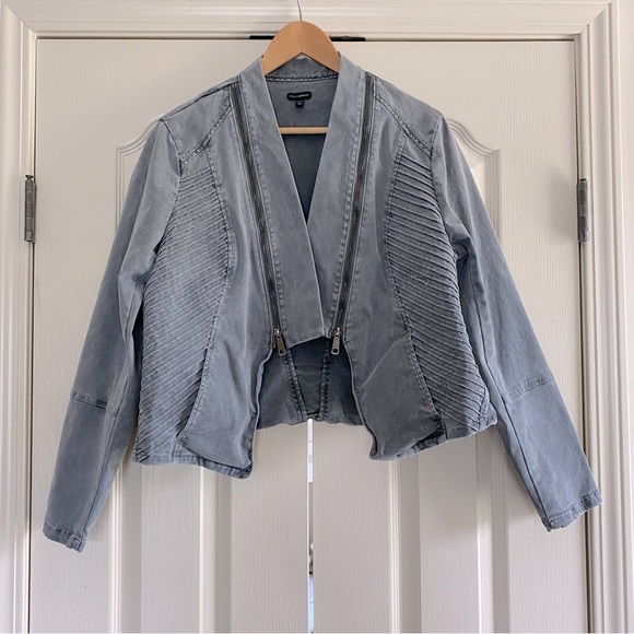 Stella Carakasi | Gray Denim Textured Moto Jacket - Picture 1 of 8